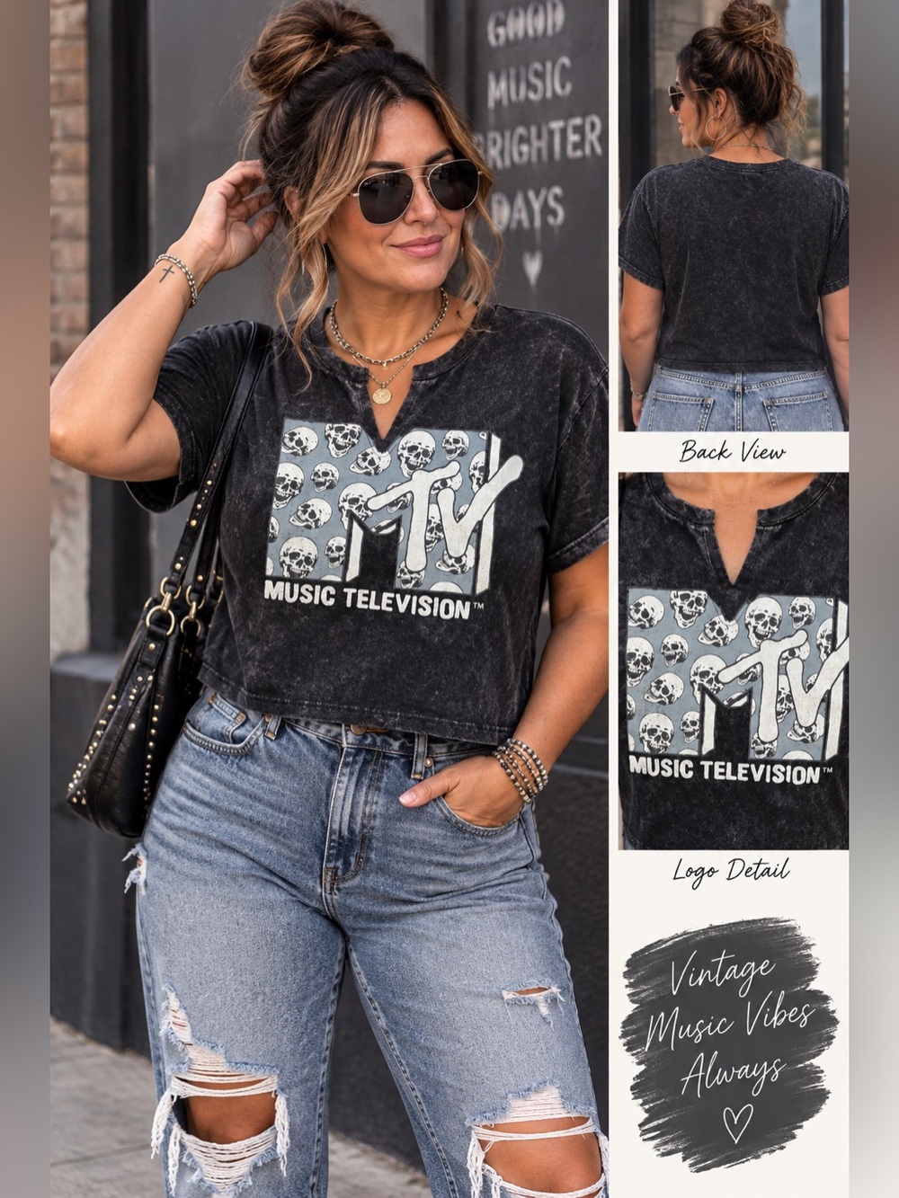 MTV Skulls Logo Notch Neck Mineral Wash Crop Tee NWT